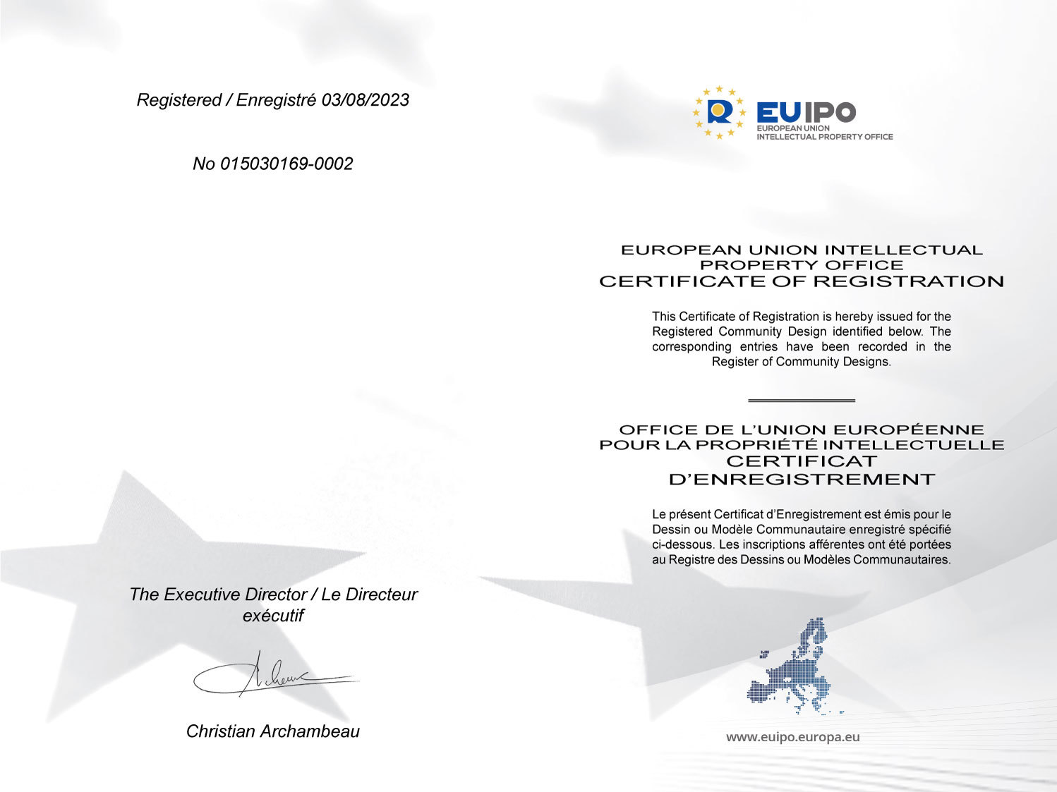 European Union Intellectual Property Office Certificate Of Registration No 015030169-0002